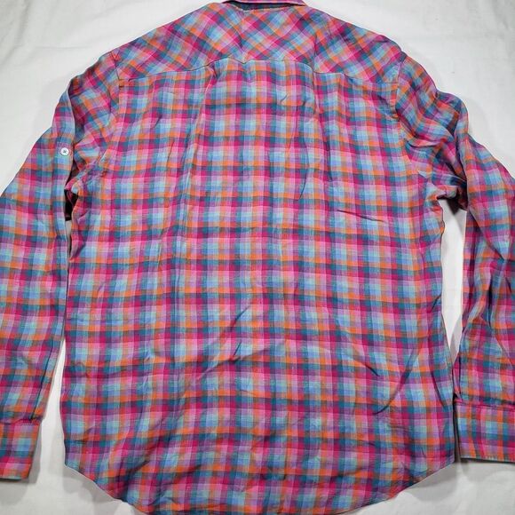 Bugatchi Men's Large Shaped Fit 100% Linen Plaid Long Sleeve Shirt‎ Flip Cuff - Picture 7 of 11